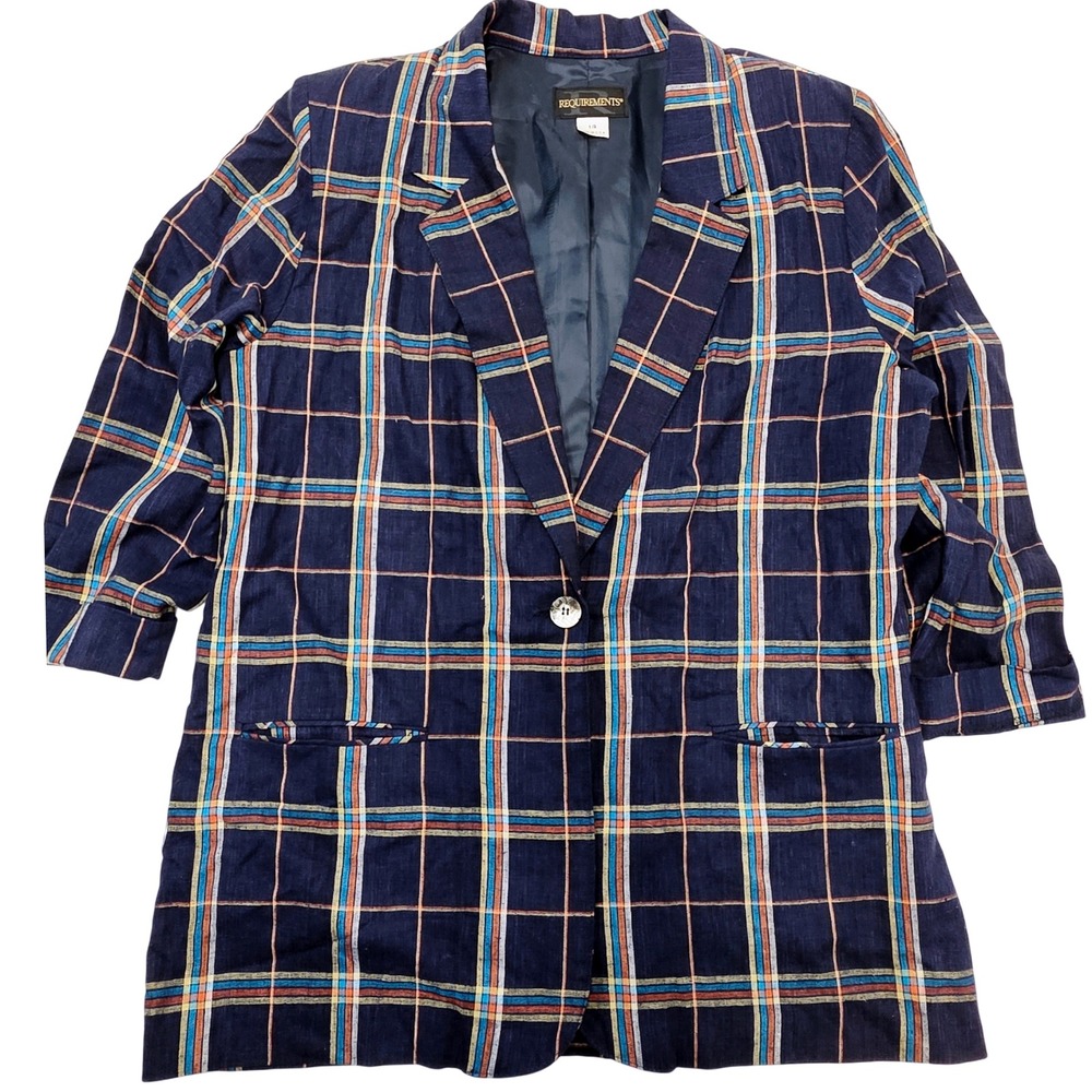 Vintage‎ REQUIREMENTS Women's Plaid Blazer 3/4 Sleeve Single Button Navy Blue 14
